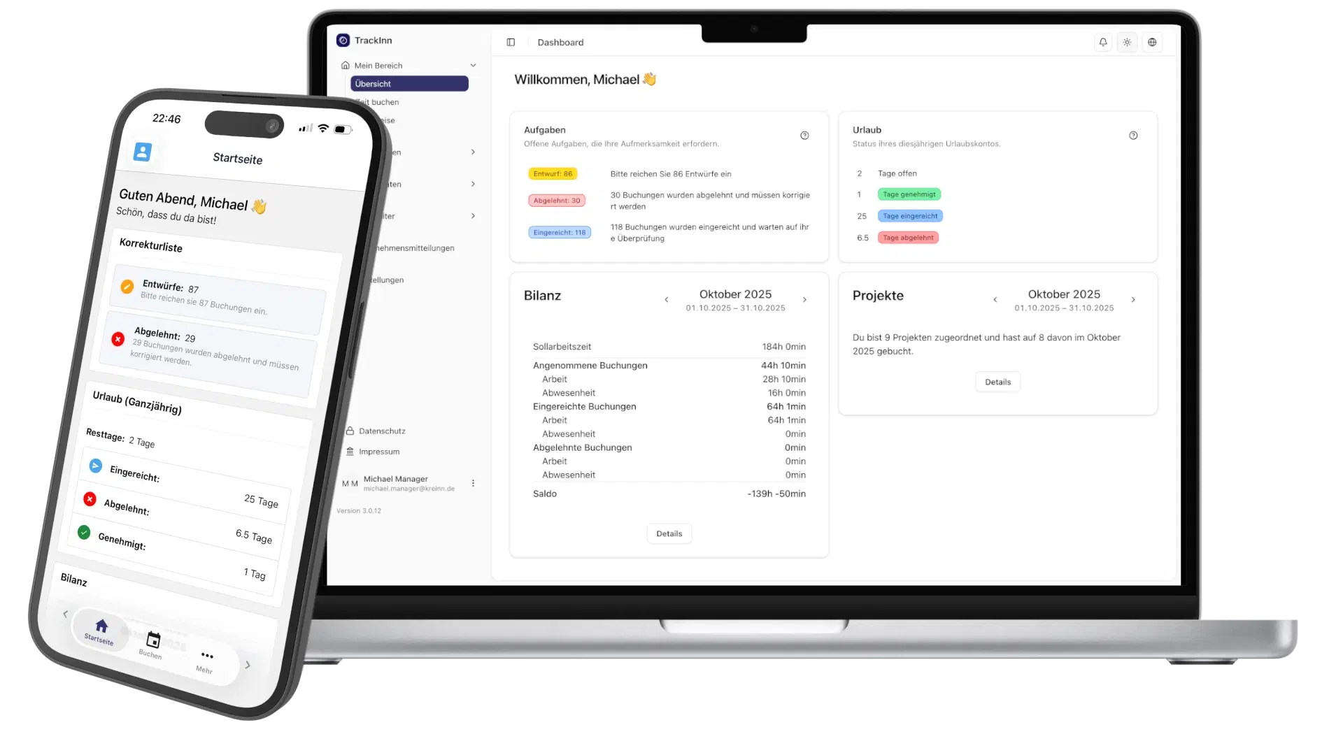 TrackInn Dashboard auf verschiedenen Geräten – Desktop, Tablet und Smartphone