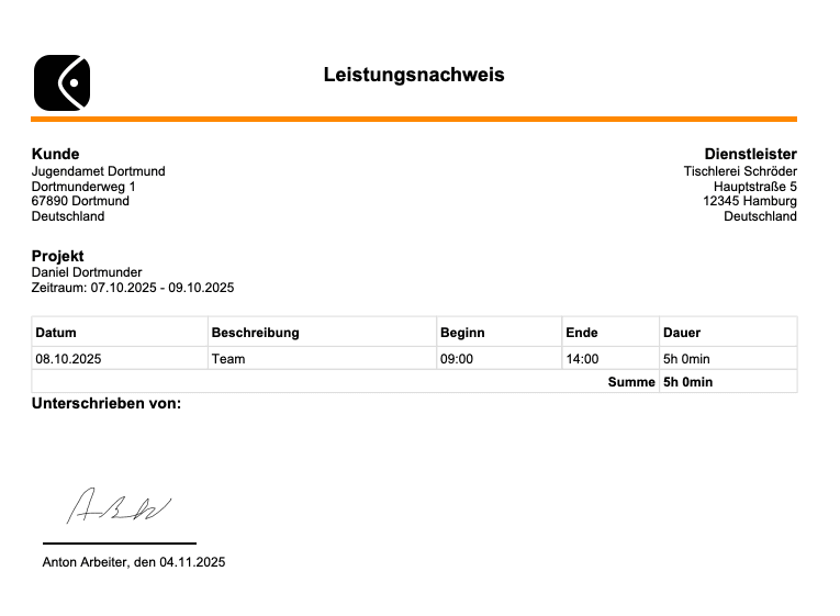 Screenshot: Unterschriebener Leistungsnachweis